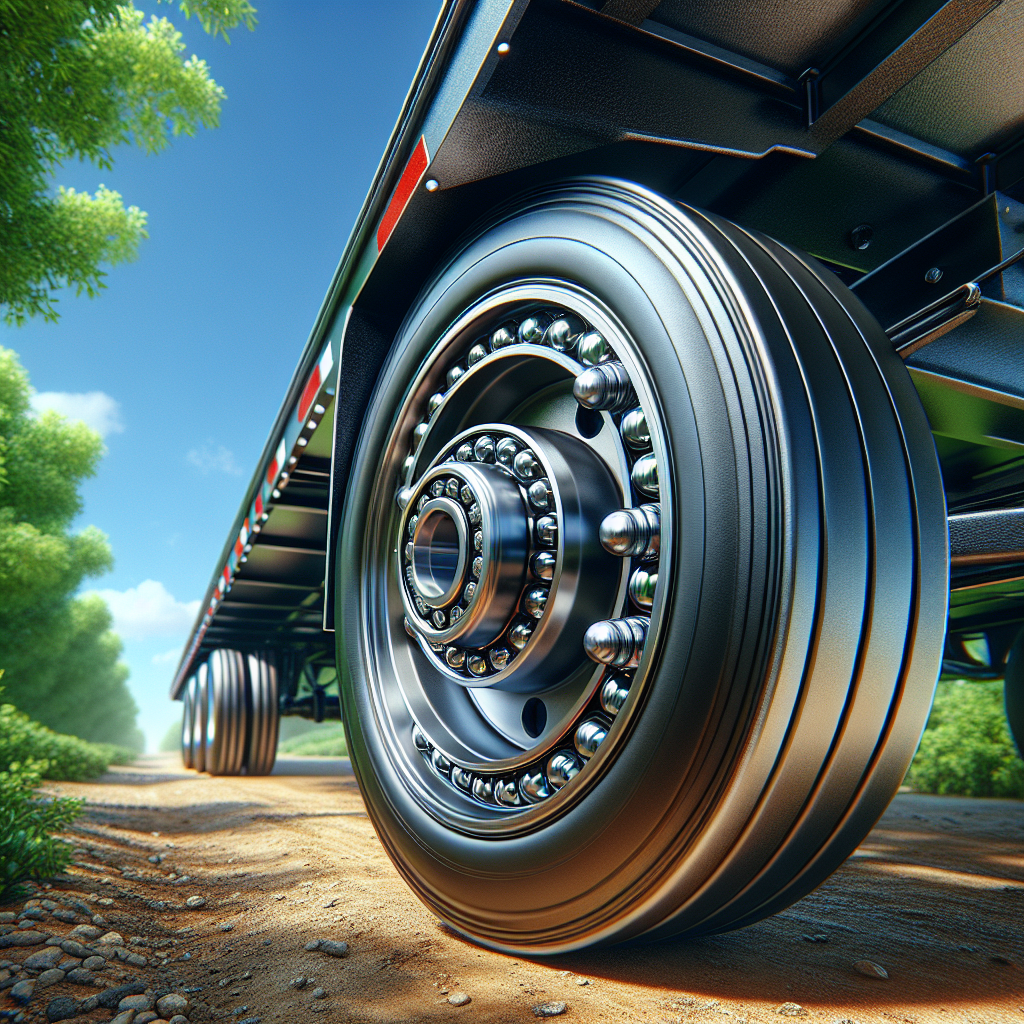 Close-up of a trailer's wheel hub displaying well-maintained wheel bearings on a natural setting.