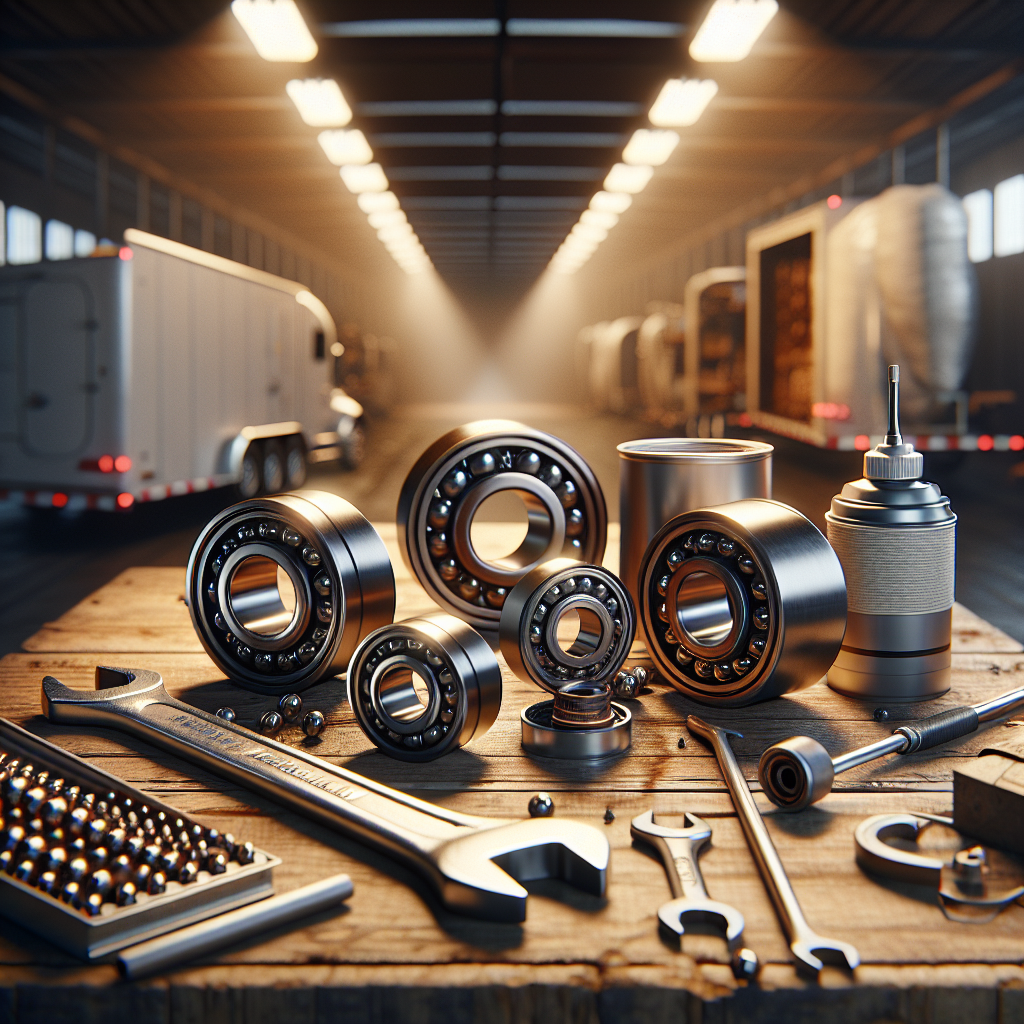 Close-up of trailer wheel bearings on a workbench with tools.
