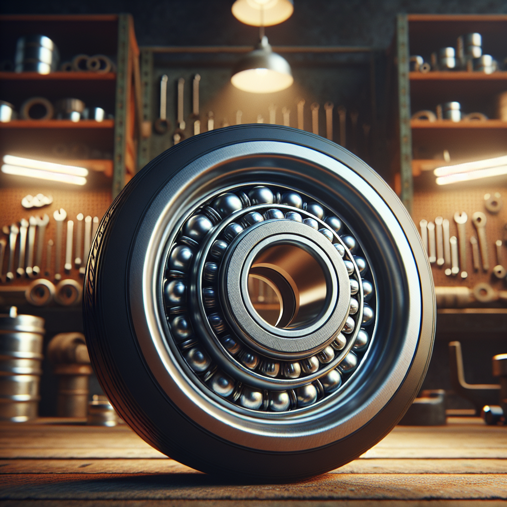 Close-up of a trailer wheel showcasing wheel bearings in a workshop setting.