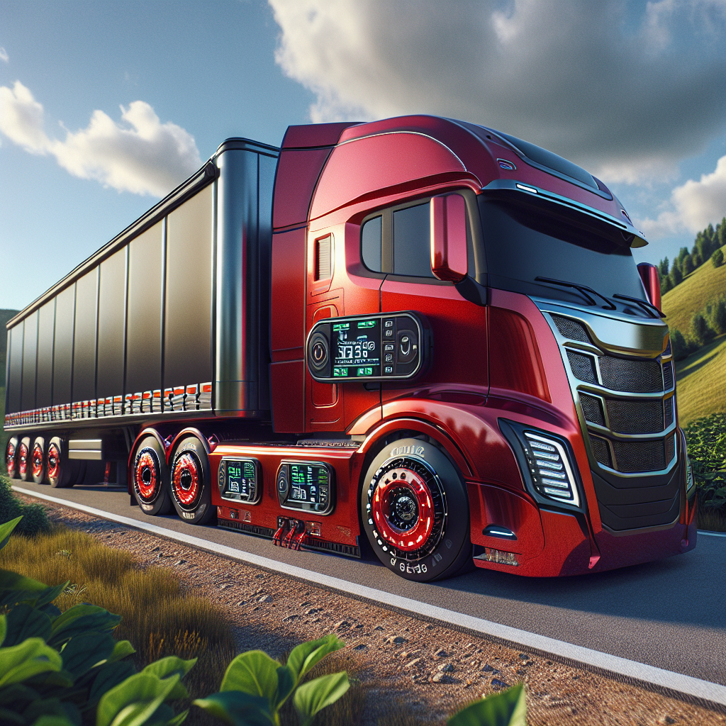 A trailer with tire monitors parked on a scenic roadside, surrounded by a green landscape.