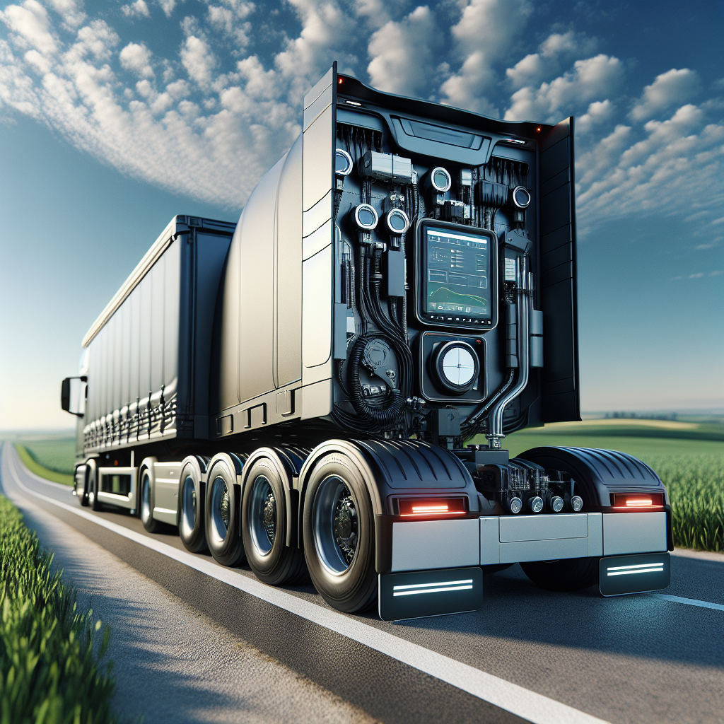 A trailer with tire monitoring sensors, parked on a scenic road.