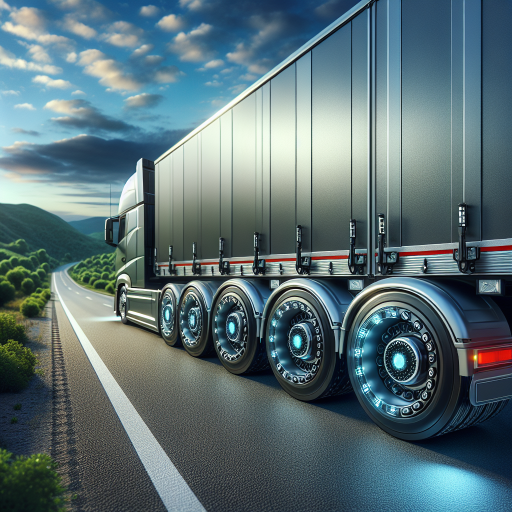 A modern trailer on a highway with advanced tire monitoring technology.
