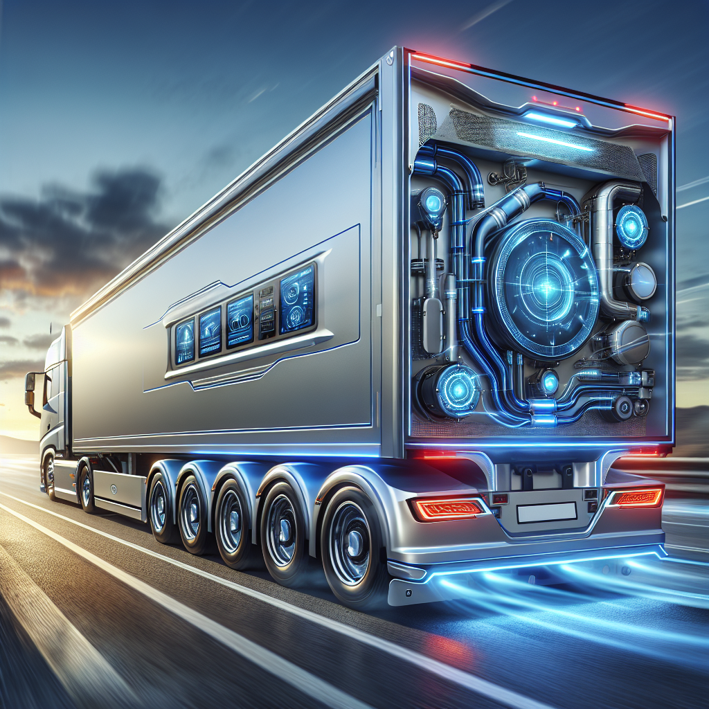 A modern trailer with a temperature monitoring system on a scenic highway.