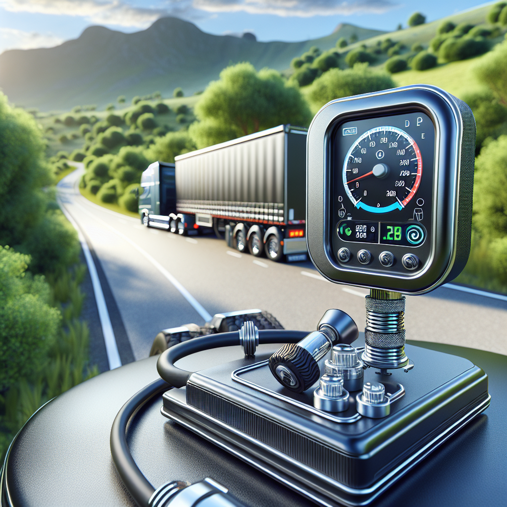 A tire pressure monitoring device on a trailer dashboard, with scenic greenery in the background.