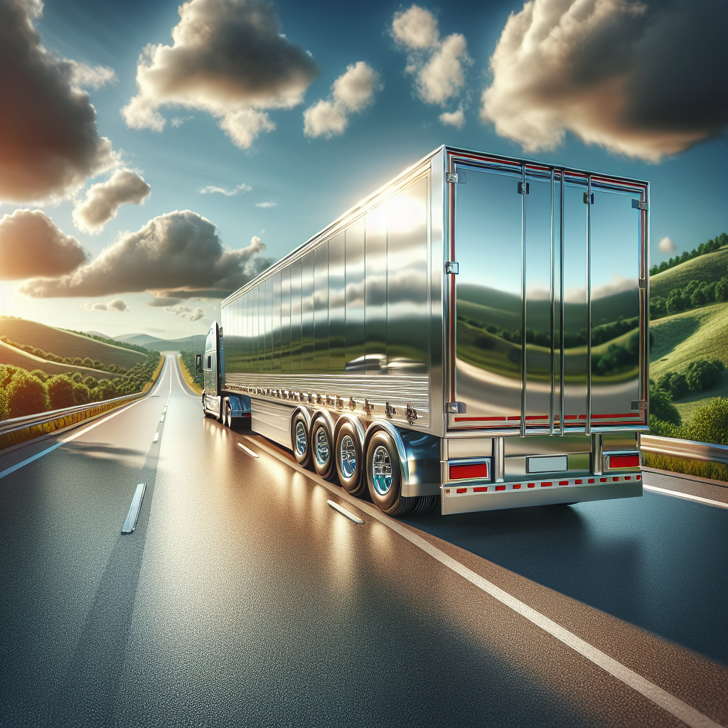 A trailer with robust tires on a highway surrounded by a clear sky and green hills.