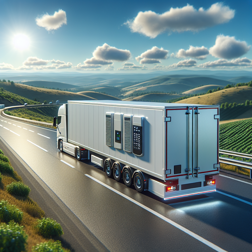 A modern trailer with temperature monitoring sensors on a highway.