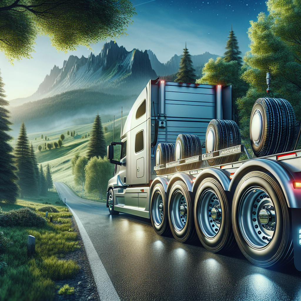 A trailer with advanced tire monitoring system parked on a scenic road.
