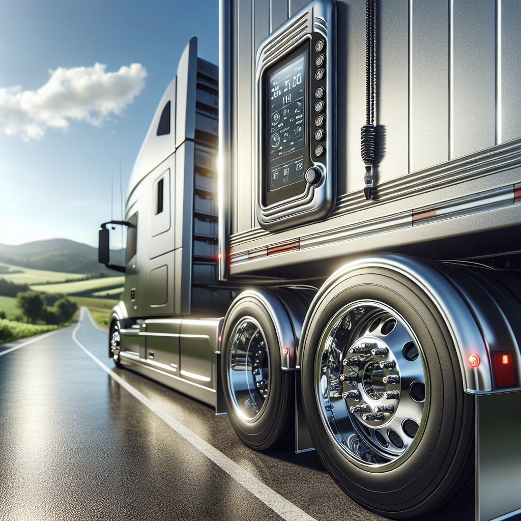 A trailer parked on a highway with a tire monitoring system displayed on its tire.