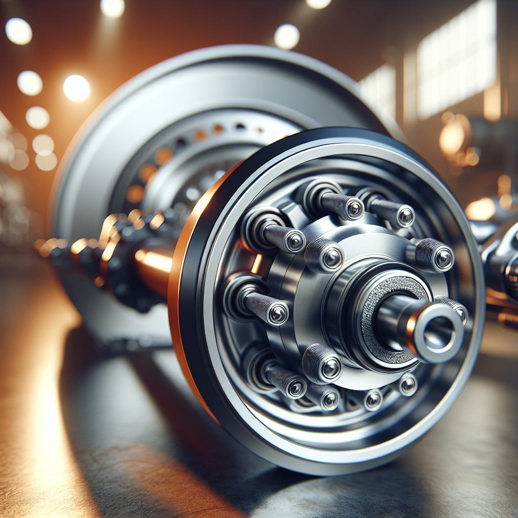 A close-up view of a trailer wheel and axle assembly focusing on wheel bearings.