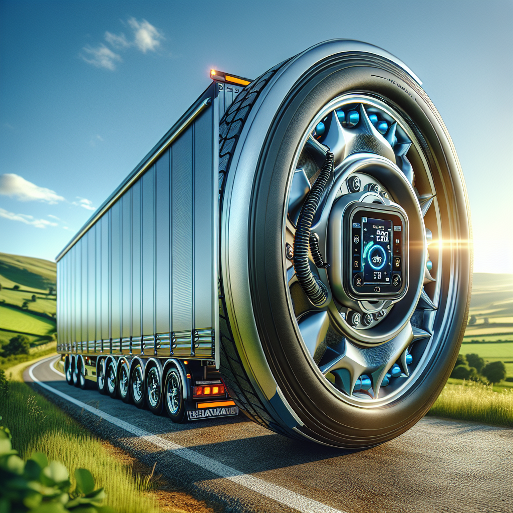 A modern trailer with a tire monitoring system parked on a country road.