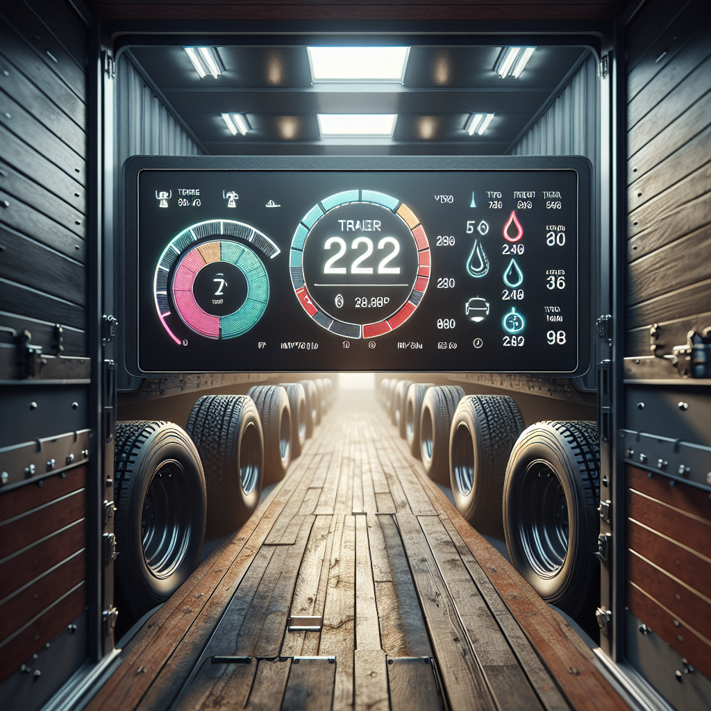 A trailer tire monitoring system on a dashboard, showing tire pressure and temperature readings.