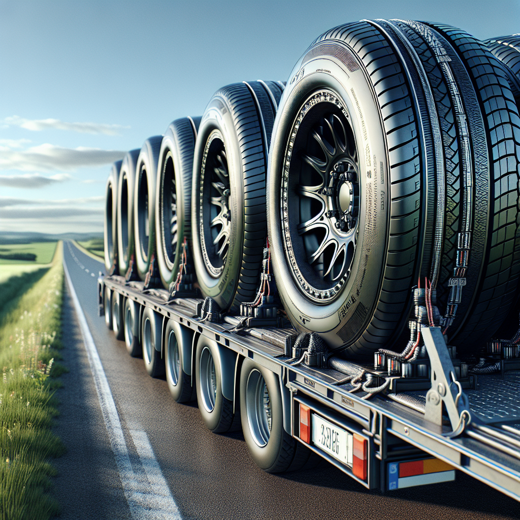 A close-up image of four detailed trailer tires on an open road.