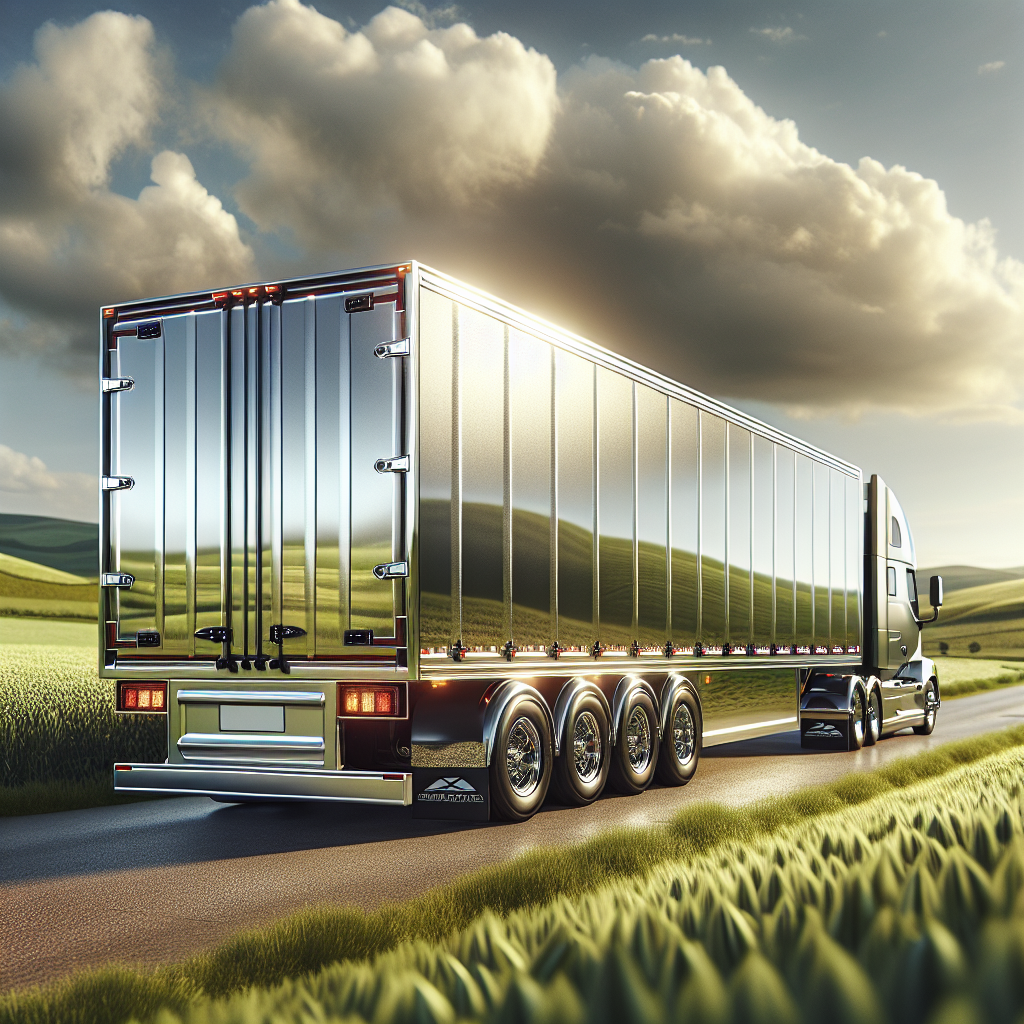 A modern trailer with a tire monitoring system on a road surrounded by green fields and blue sky.