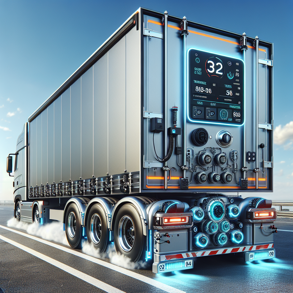 A modern trailer with a temperature monitoring system on a sunny highway.