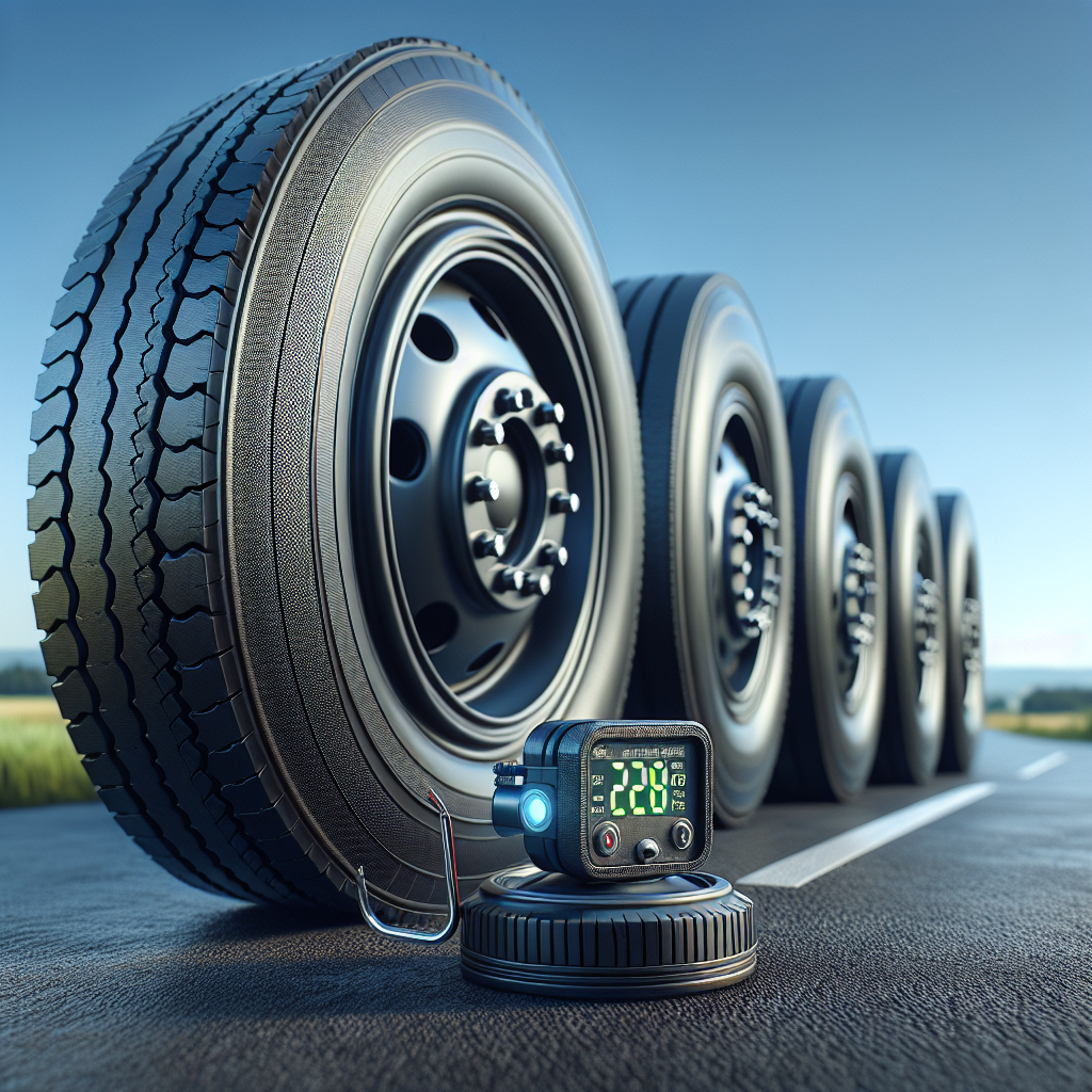 Close-up view of four trailer tires on a road with a tire monitor attached.