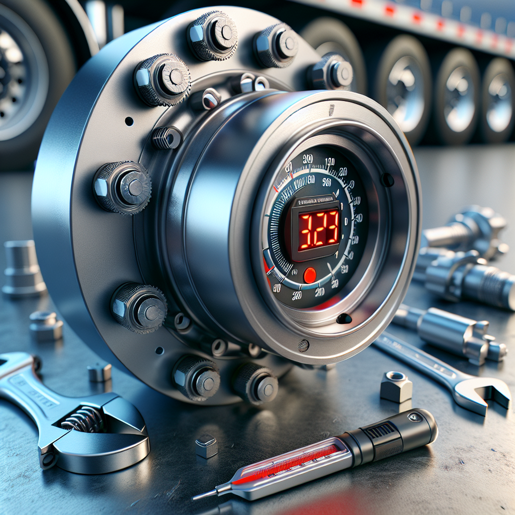 A close-up of a trailer hub with a temperature monitor, surrounded by maintenance tools.