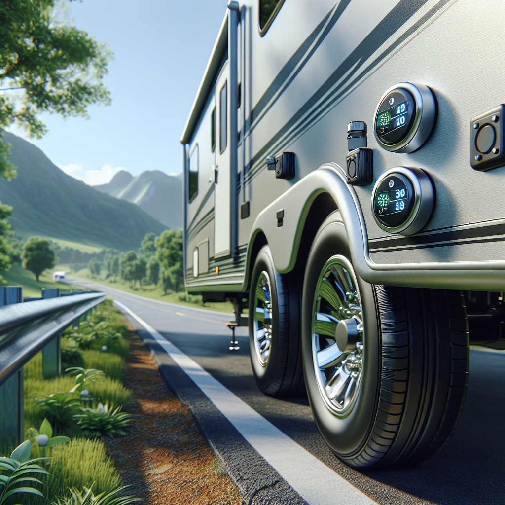 A travel trailer's tire monitoring system with visible sensors and a scenic highway background.