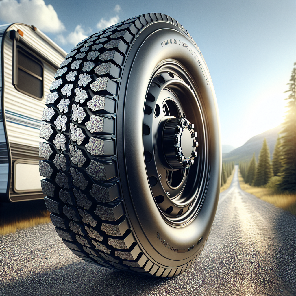 A close-up view of a travel trailer tire on a gravel road, highlighting its tread and safety features.