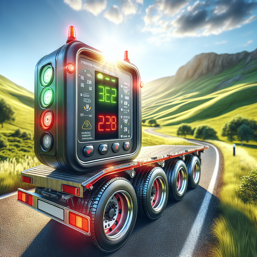 An aftermarket tire pressure monitoring system on a trailer with a beautiful landscape background.