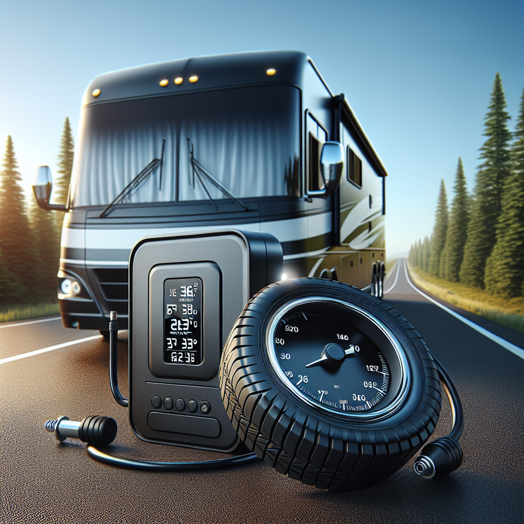 An RV tire pressure monitoring system in a scenic highway setting.