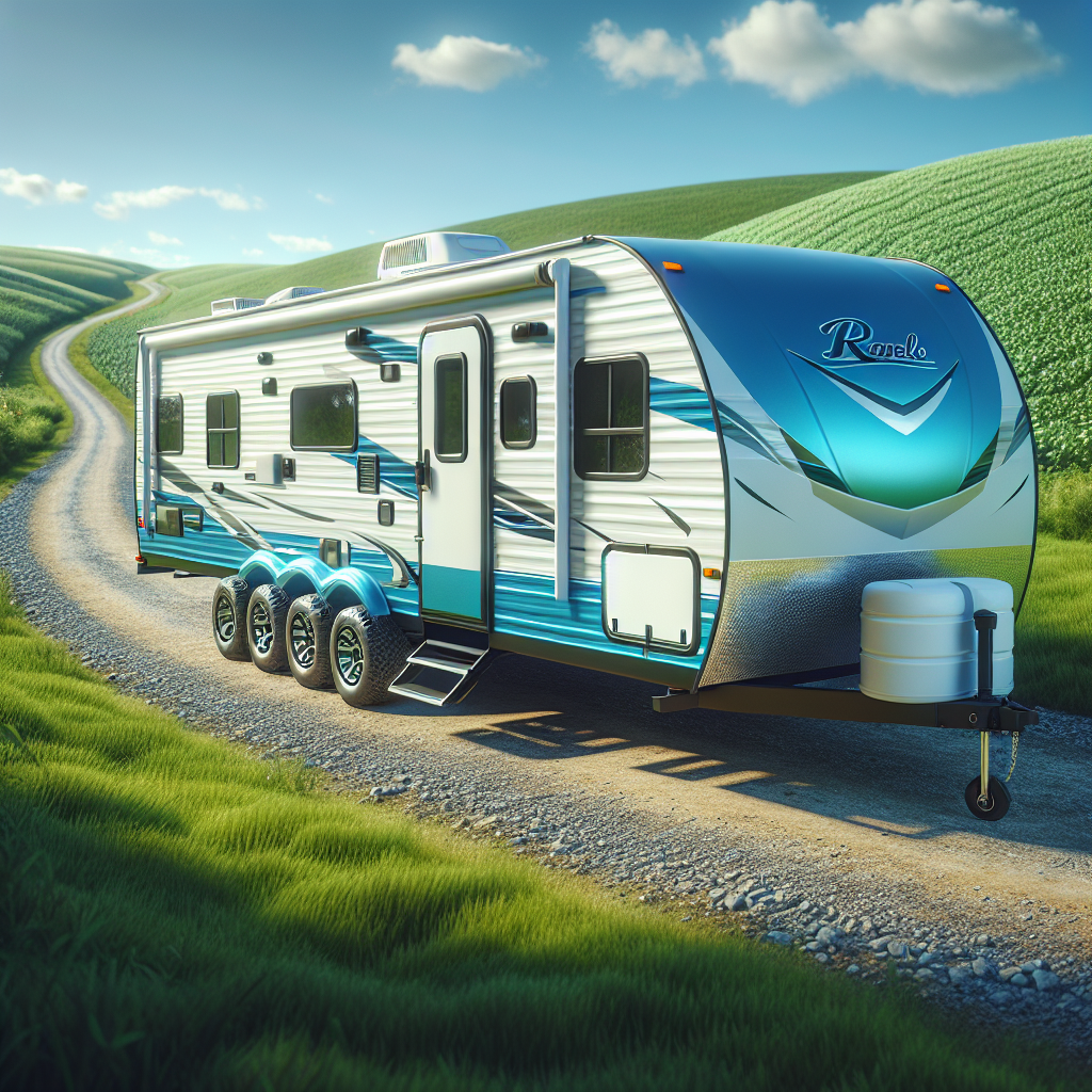 A travel trailer parked on a country road, featuring detailed tires and a scenic landscape.