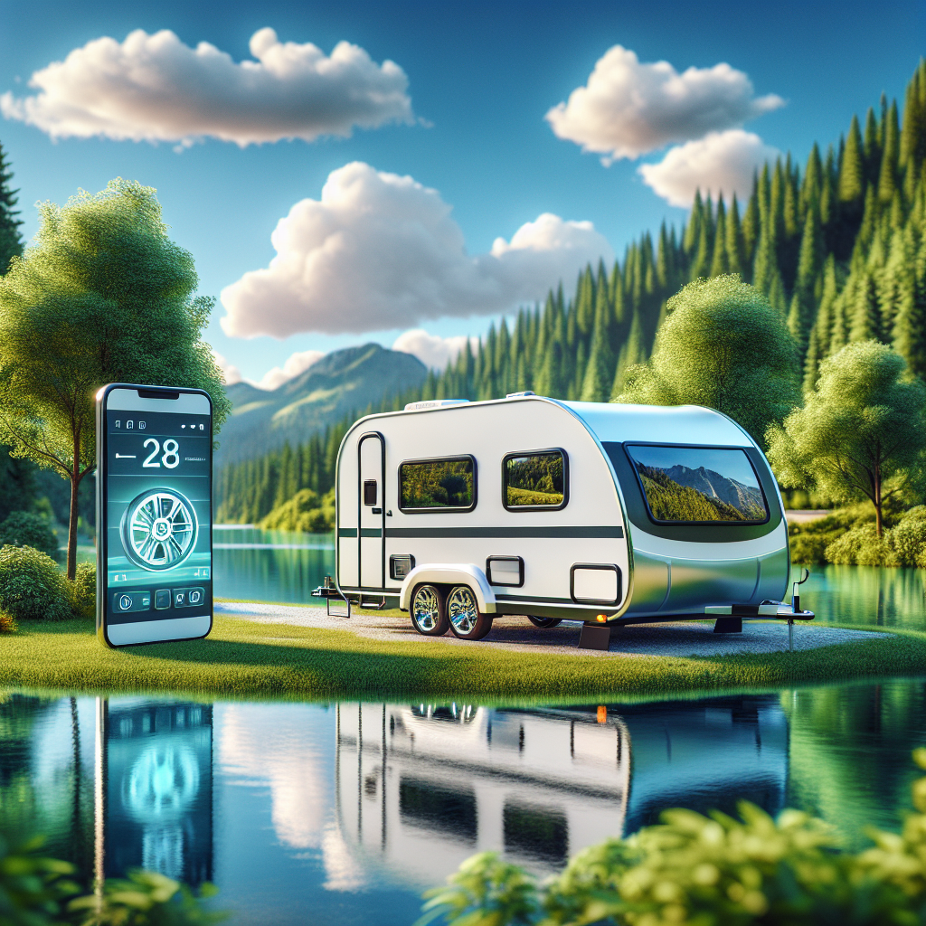 A travel trailer beside a scenic river with a smartphone showing a tire monitoring system display.