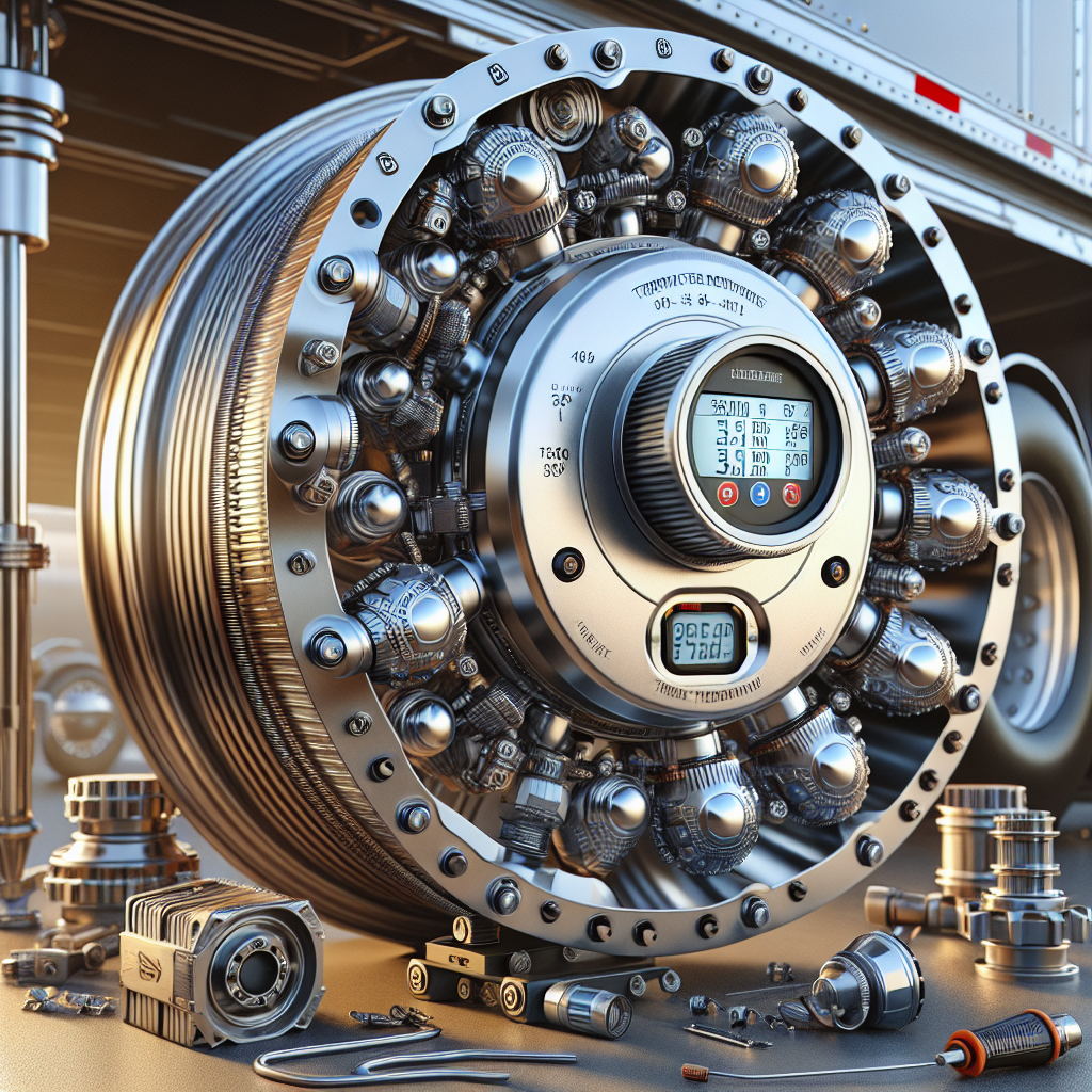 A high-tech trailer hub temperature monitoring system on a trailer wheel hub.