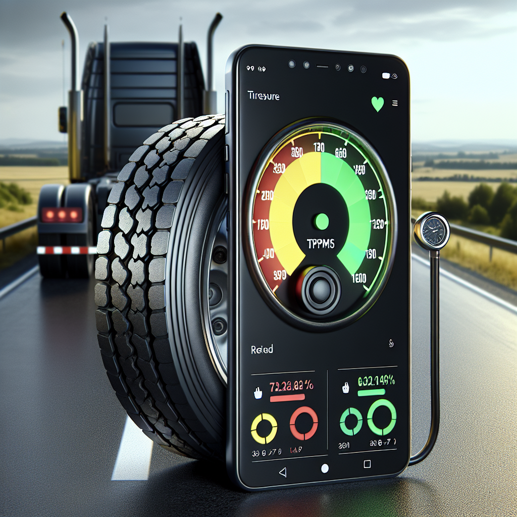 A smartphone displaying tire pressure levels next to a robust tire on a trailer.