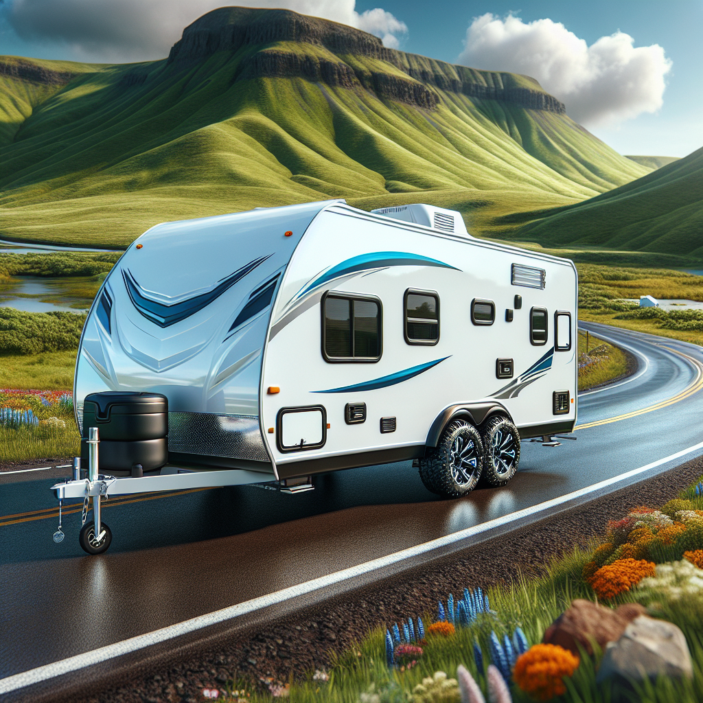 A travel trailer on a highway with visible tire monitoring sensors and scenic background.