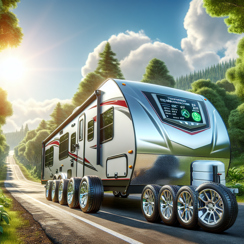 A travel trailer on a picturesque road with a focus on its tires and a tire monitoring system.