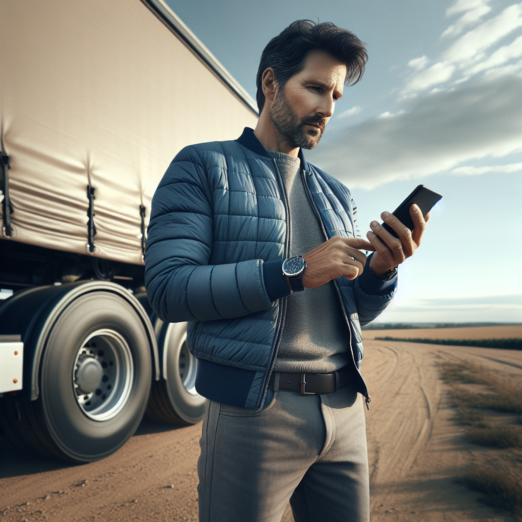 A man checking tire pressure on his smartphone next to a trailer.