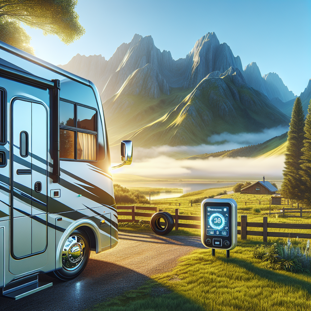 A modern RV parked outdoors with a focus on its tires and a digital tire pressure monitoring screen.