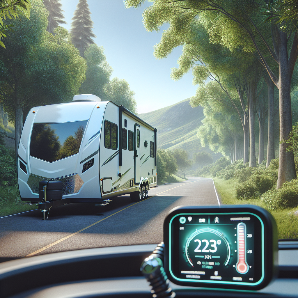 A travel trailer showcasing a tire monitoring system on a scenic road.