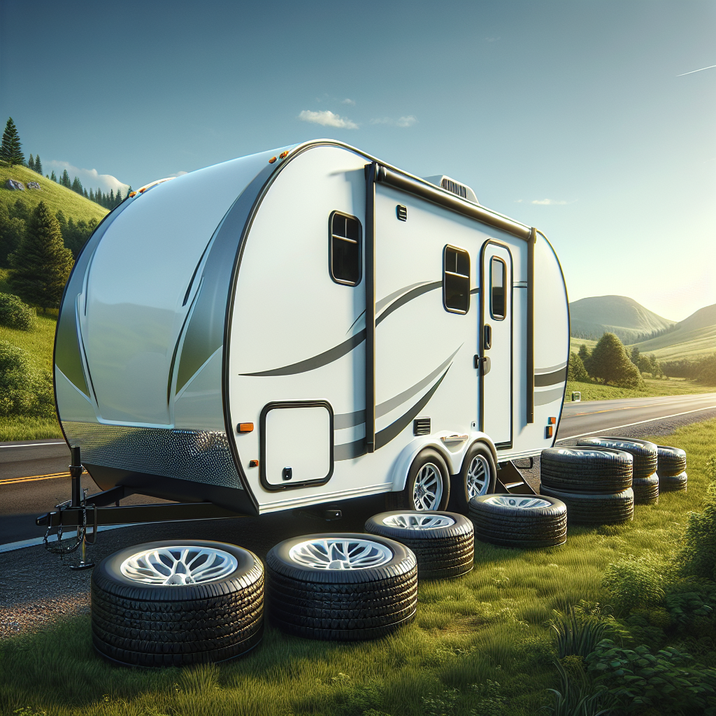 A travel trailer parked by the highway with a focus on its tires and a serene landscape.