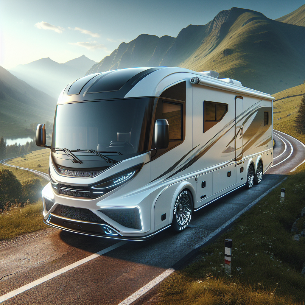 A modern RV parked on a scenic road with mountains in the background, highlighting tire sensors.