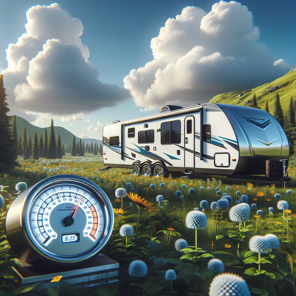 A travel trailer parked in a scenic landscape with a digital gauge representing a tire pressure monitoring system.