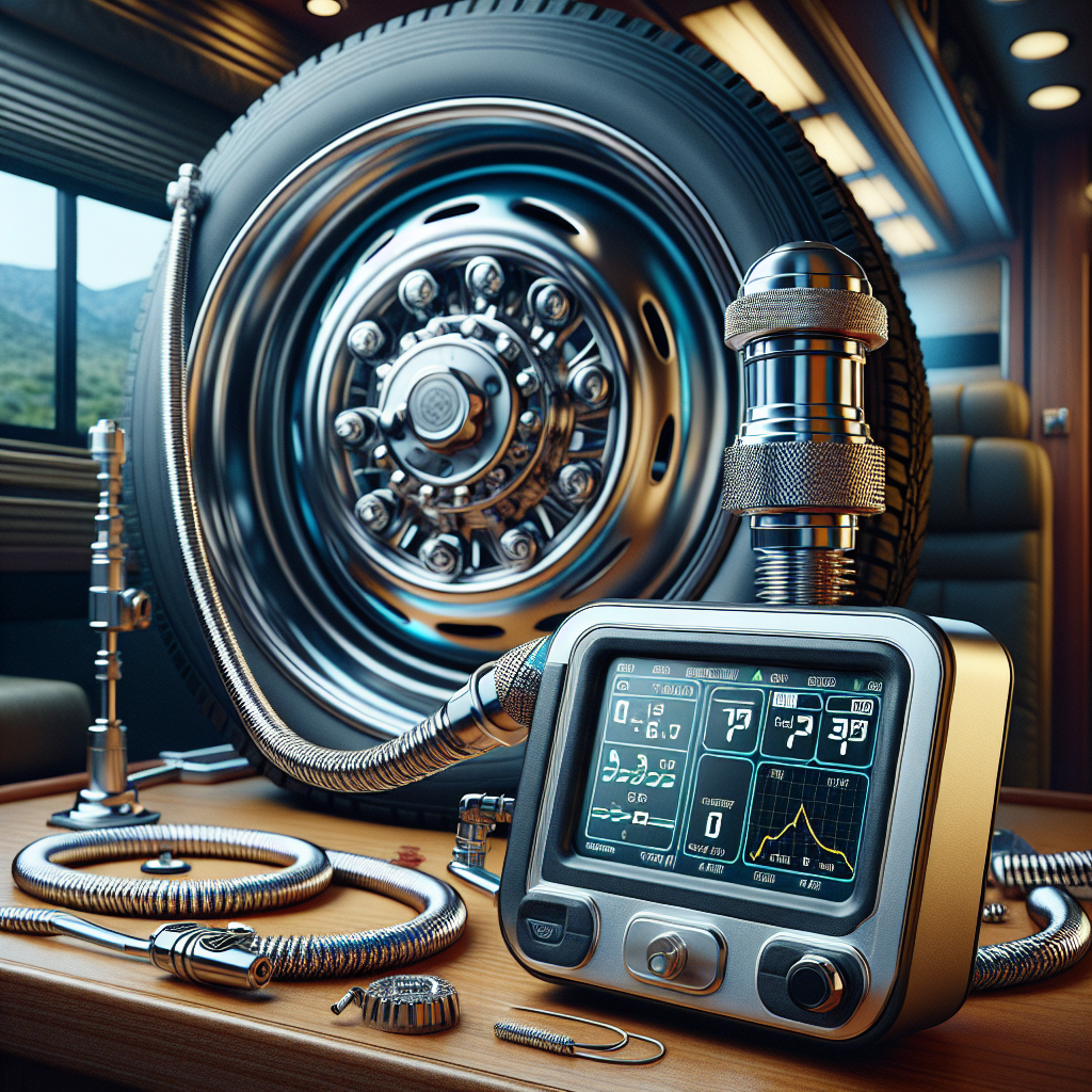 Close-up of an RV tire pressure monitoring system sensor installed on a tire.