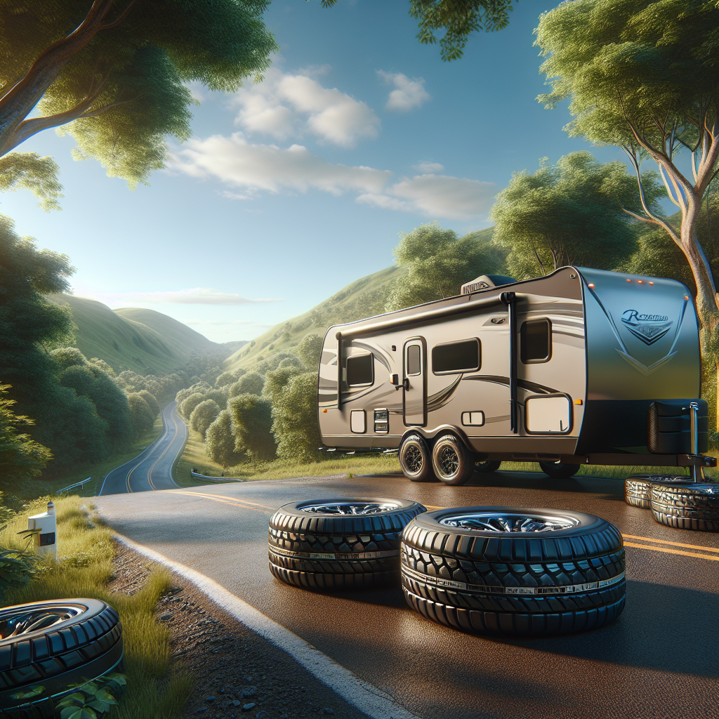 A travel trailer parked on a scenic road with a focus on its tires.