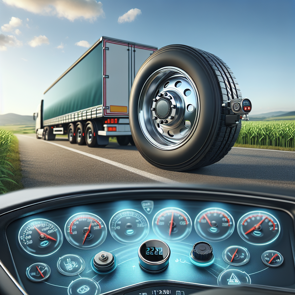 A dashboard displaying tire pressure alerts alongside a trailer wheel with a TPMS sensor.