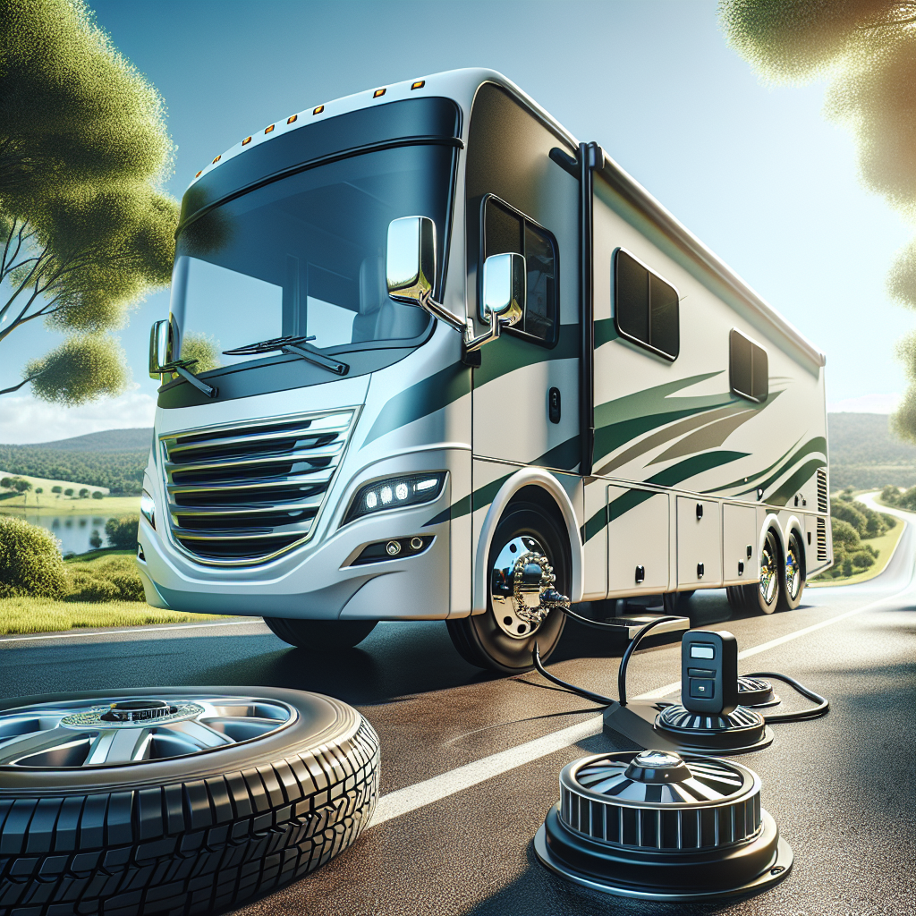 An RV with visible tire pressure monitoring sensors parked in a sunny landscape.