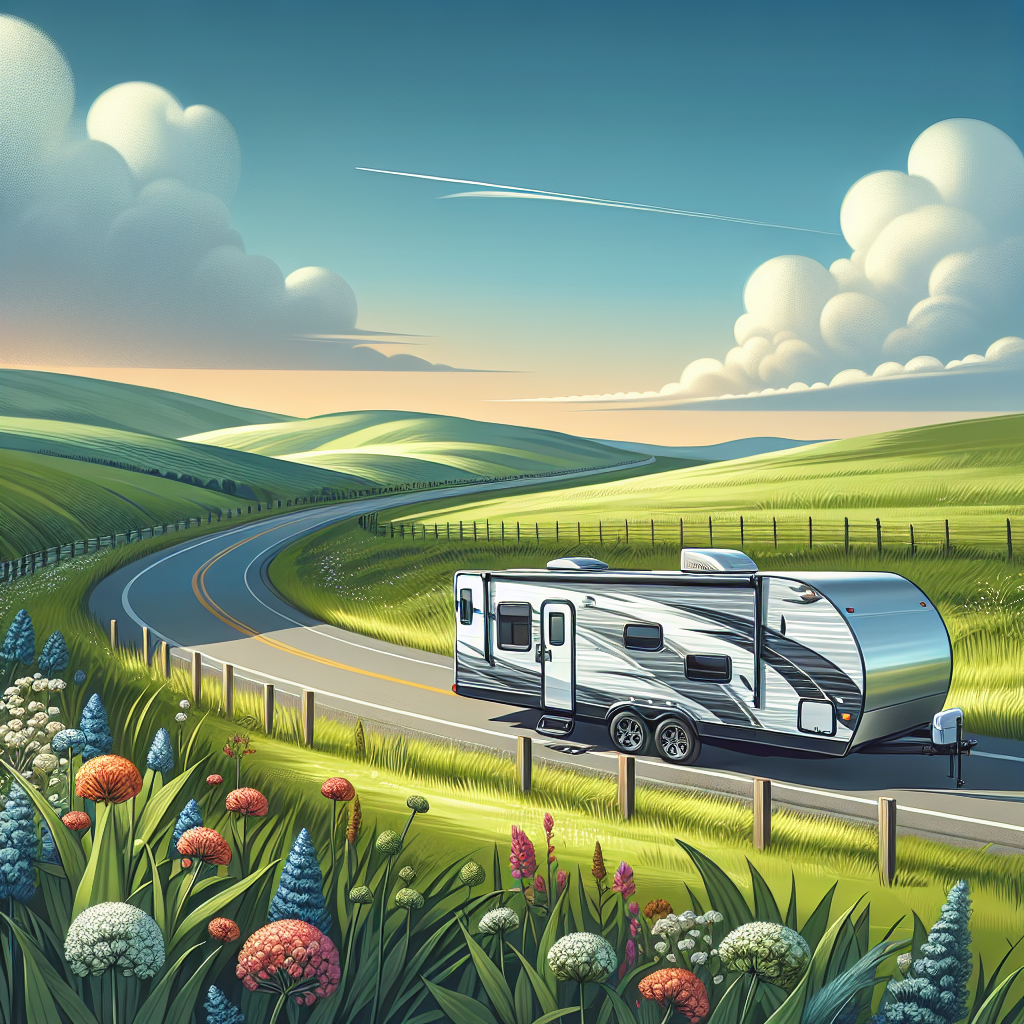A travel trailer parked by the roadside amidst a scenic landscape.