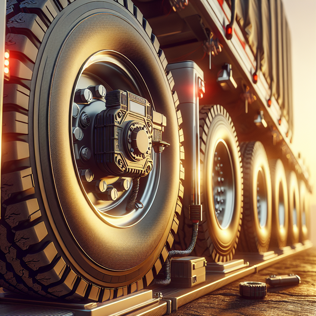 A detailed depiction of a tire pressure monitoring system installed on a trailer tire.