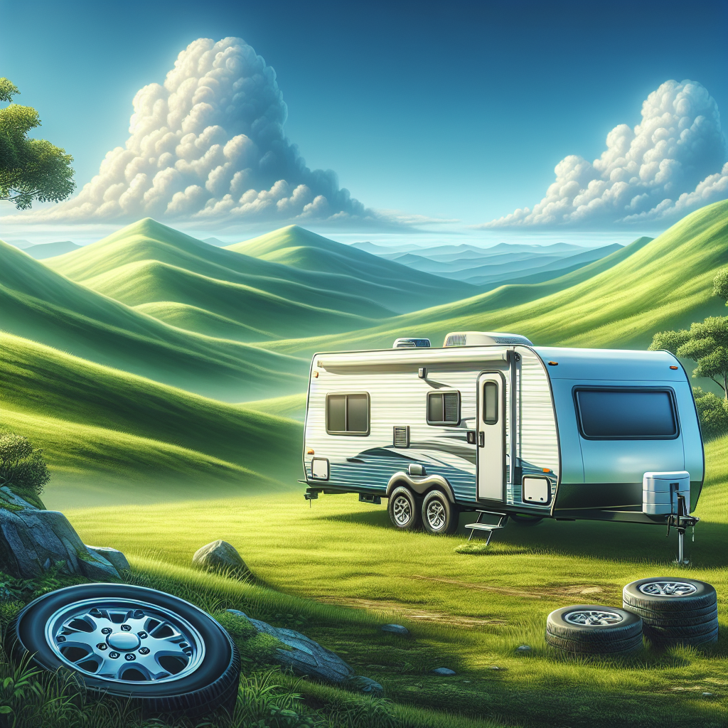 A travel trailer parked in a scenic landscape with prominent tires.