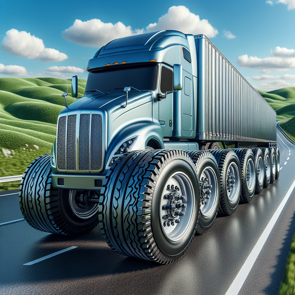 A semi-trailer truck on a highway with visible tire pressure monitoring sensors.