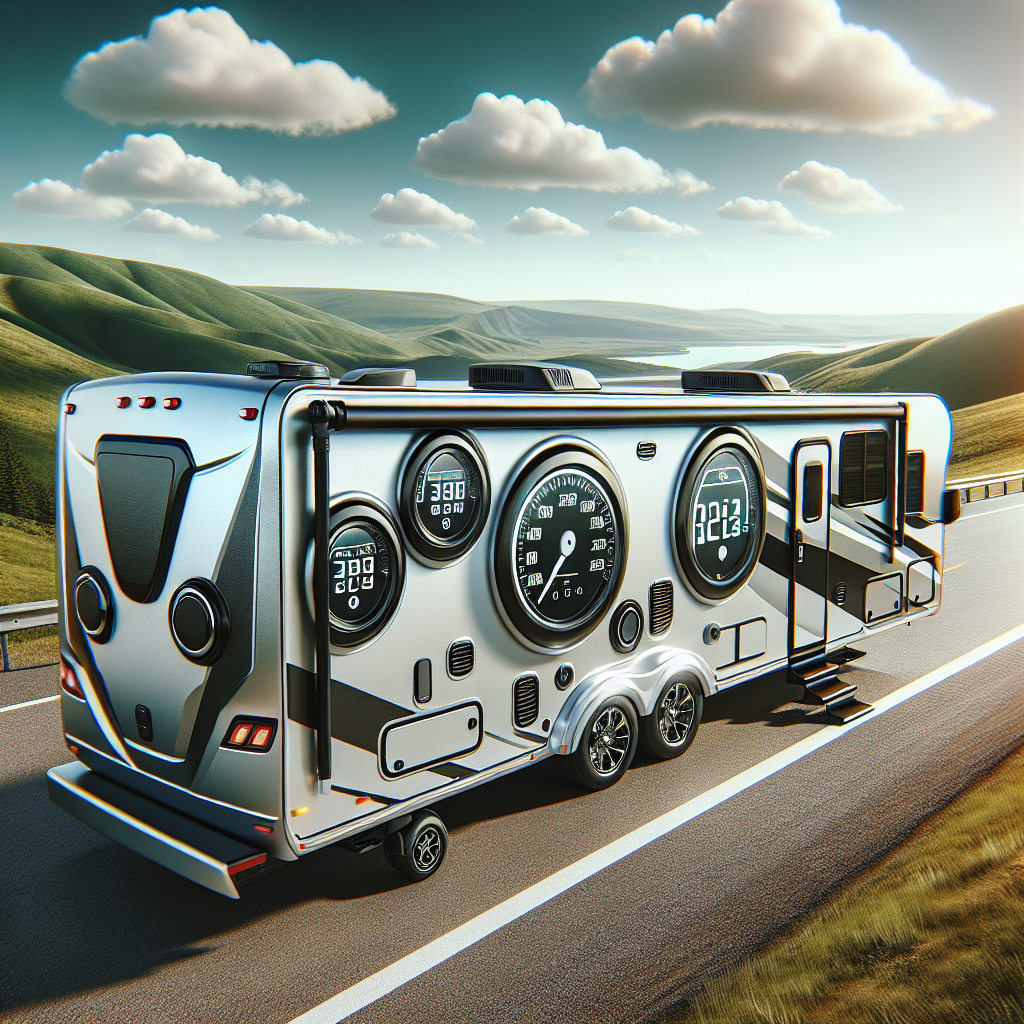 A travel trailer showcasing its tire monitoring system parked on a scenic highway.
