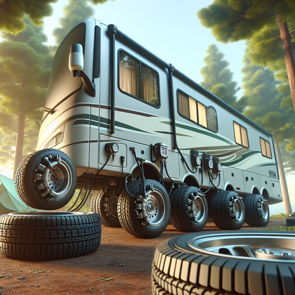 An RV with visible tire pressure monitoring sensors parked in a serene campsite scene.