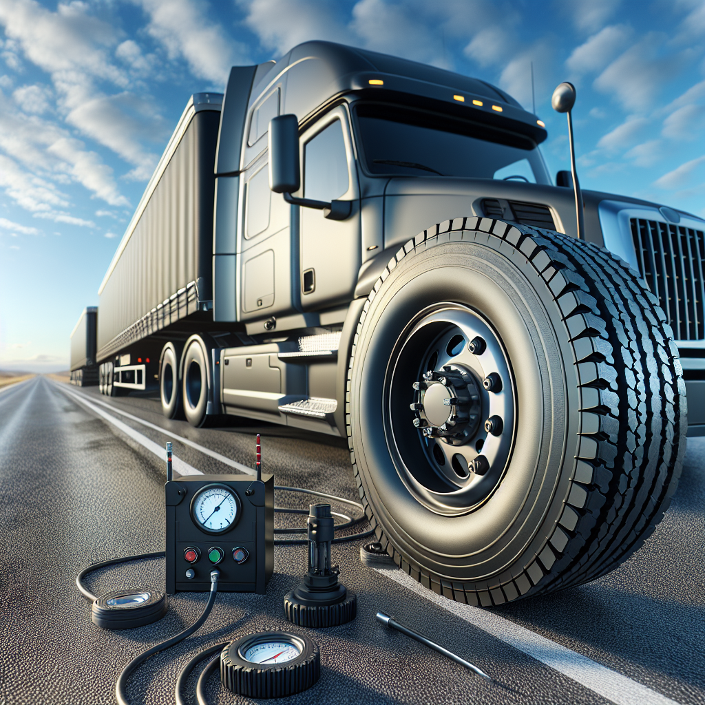 A semi-trailer truck on a highway, showcasing its tires and tire pressure monitoring system.