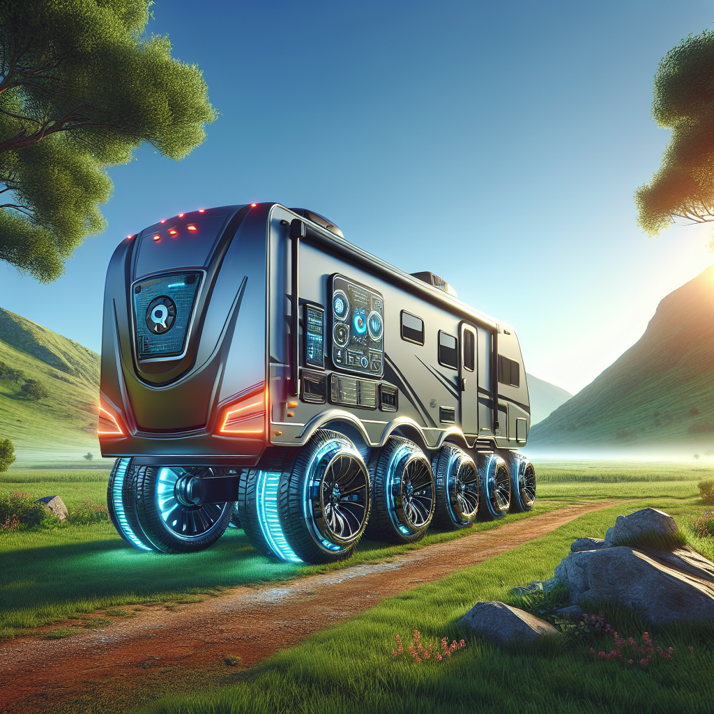 A travel trailer showing advanced tire monitoring systems with clearly visible tires and sensors in a natural landscape.