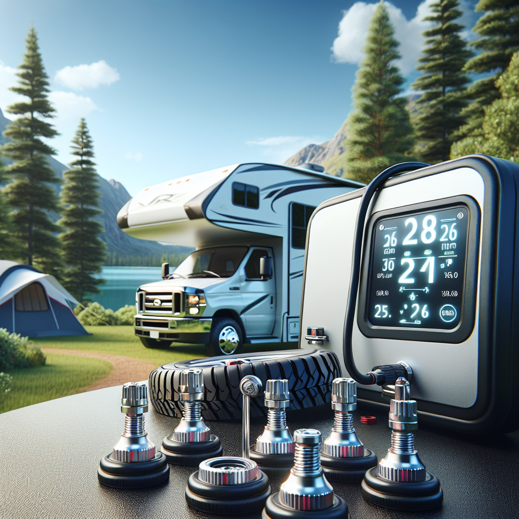 Close-up of an RV tire pressure monitoring system setup with sensors on tire valve stems and a display unit showing data.
