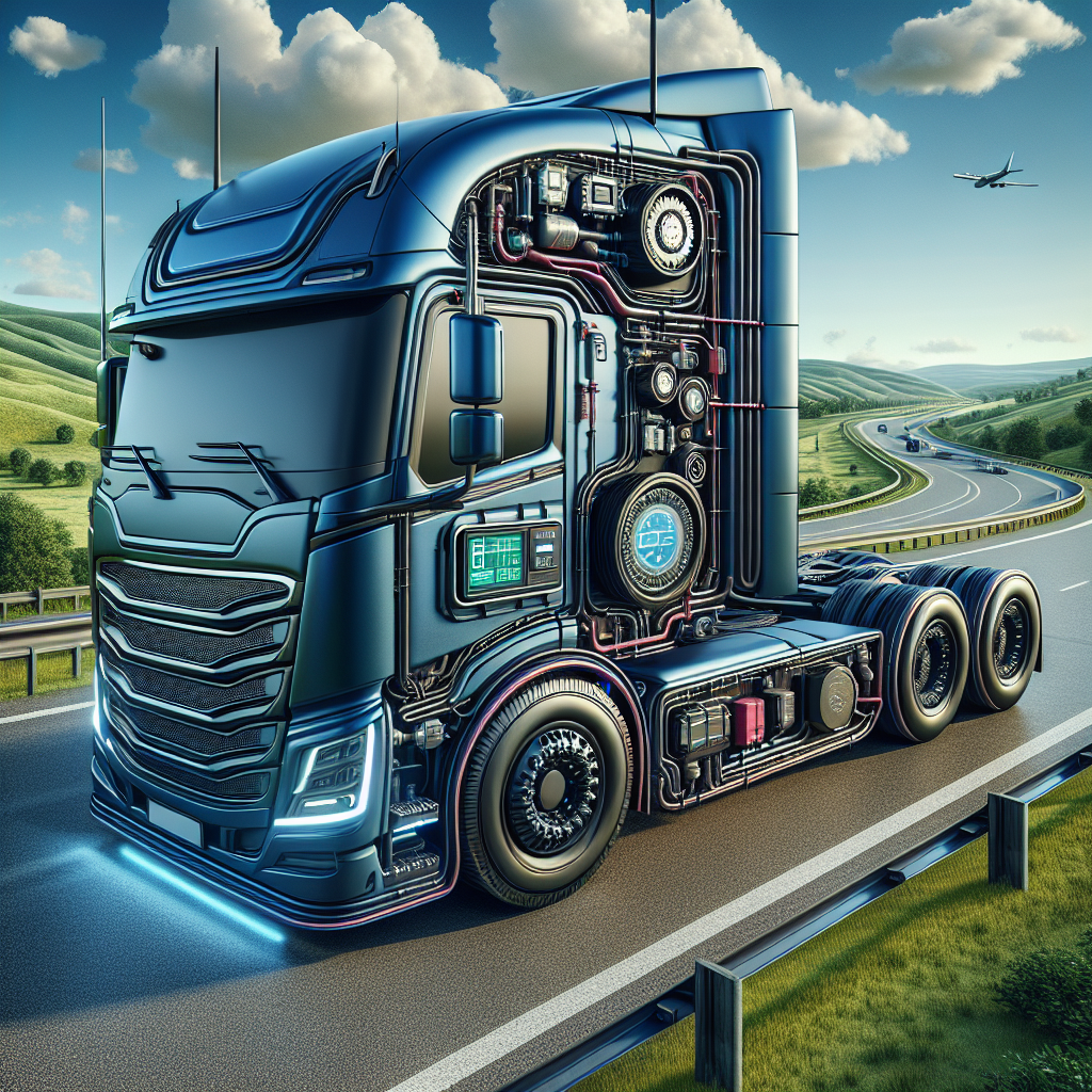 A semi-trailer truck with a tire pressure monitoring system on a scenic highway.